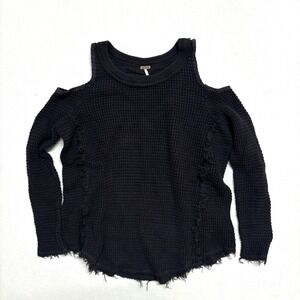 Free People Shirt Women Waffle Knit Black Long Sleeve XS Rockabilly Grunge Biker